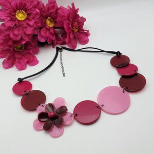 Red And Pink Large Acrylic Circle Flower Bib Cord Necklace 26" Adj. Statement